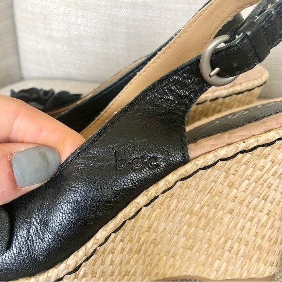 Born b.o.c Wedge Sandals Size 6 Slingback Floral Black Leather Comfy Chic - Picture 5 of 12